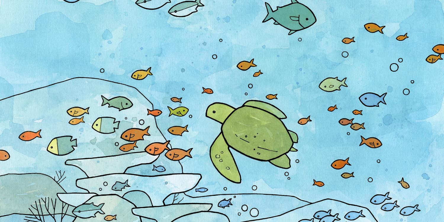 Painting of underwater scene with sea turtles